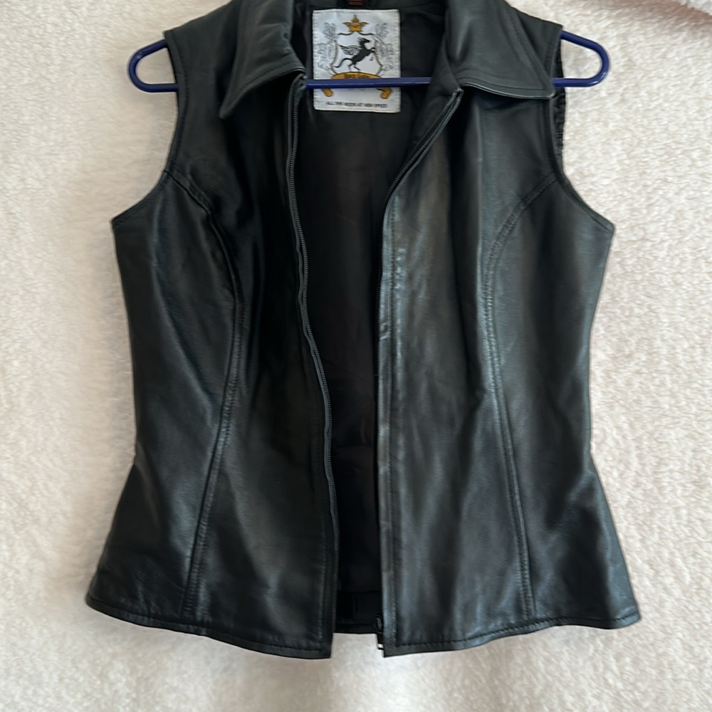 Racy Lady sleeveless black leather vest.Size Med. emblem on back. - Picture 2 of 4